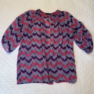 AQUA Chevron Print Blouse w/Smocked Neckline Semi-Sheer 3/4 Sleeve Women’s Top S